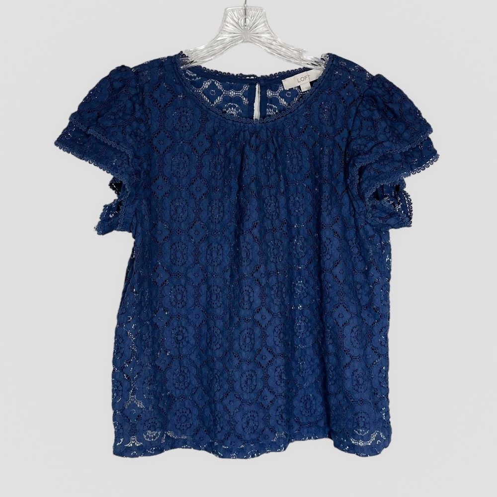 LOFT Navy Eyelet Blouse Size Large Double Stack Sleeves Career Coastal Party